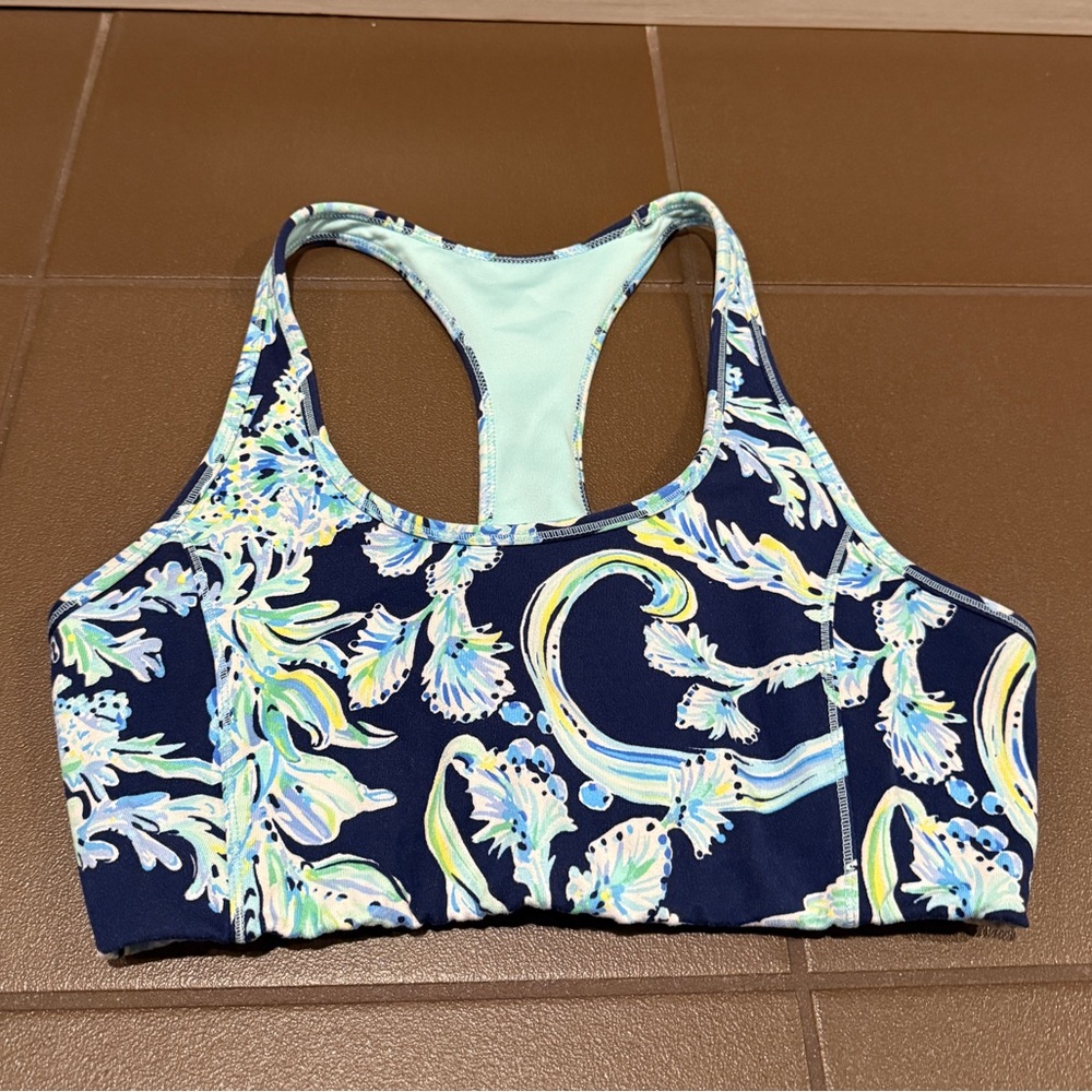 Lilly Pulitzer Blue and Green Patterned Sports Bra Size Medium